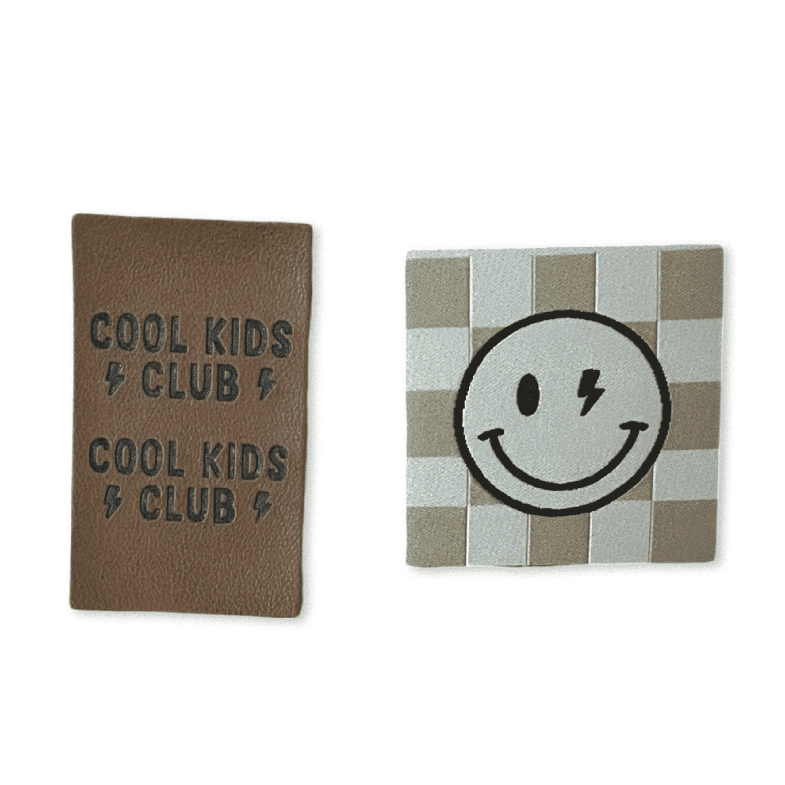 1Set Iron-on Lederlabel "Cool kids club" und Iron-on Weblabel "Smiley Blitz check"